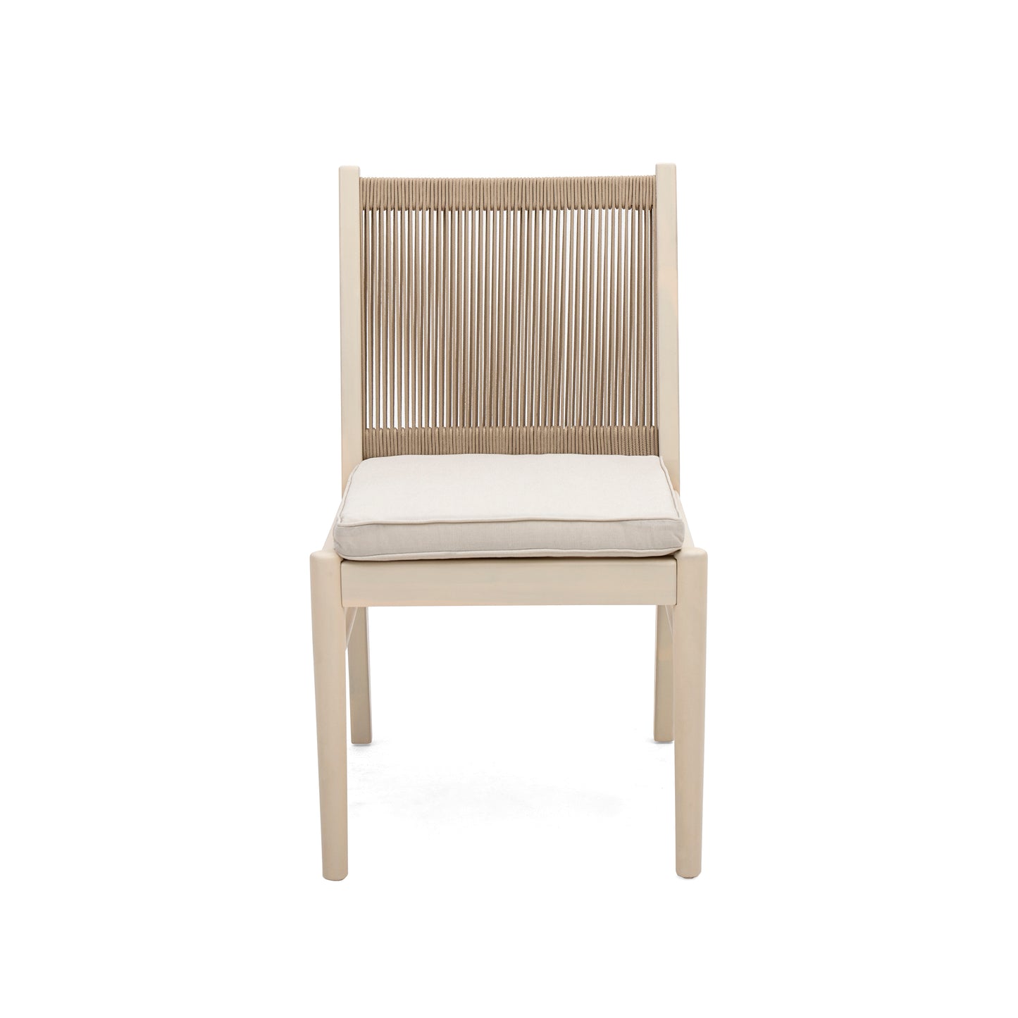 Beige upholstered dining chair with a natural ropewrapped backrest