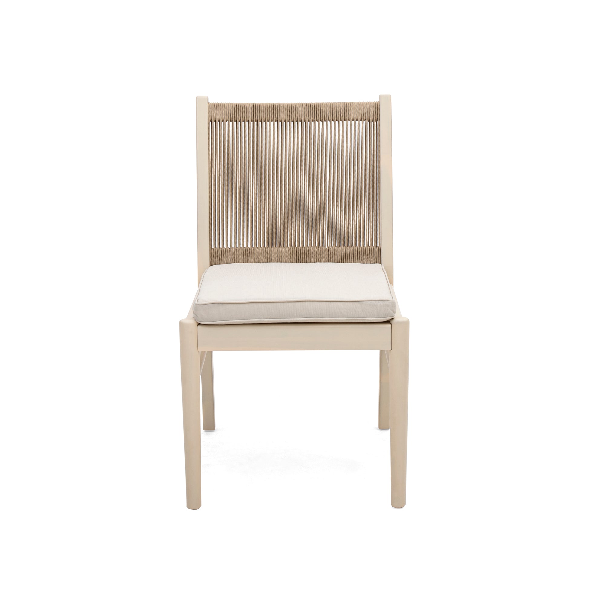 Beige upholstered dining chair with a natural ropewrapped backrest