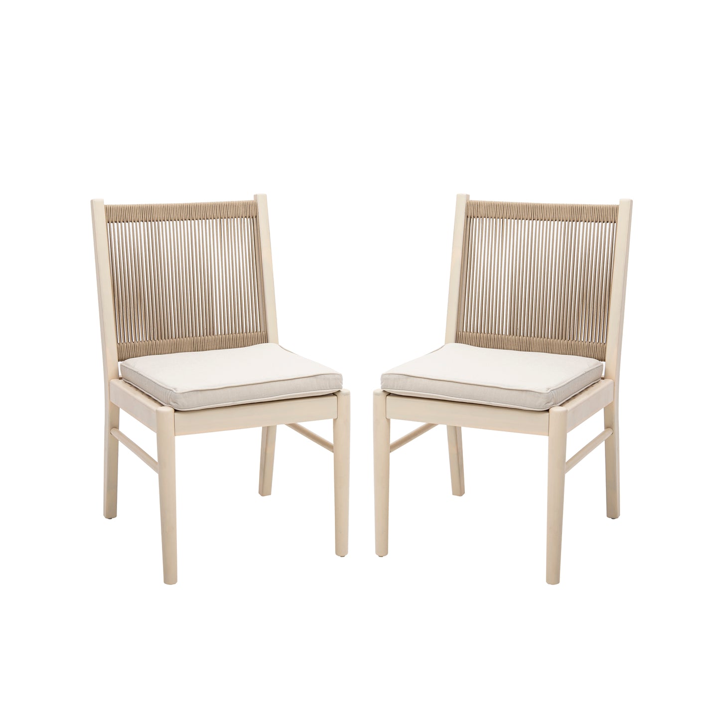 Two light wood dining chairs with woven rope backs and cream cushions