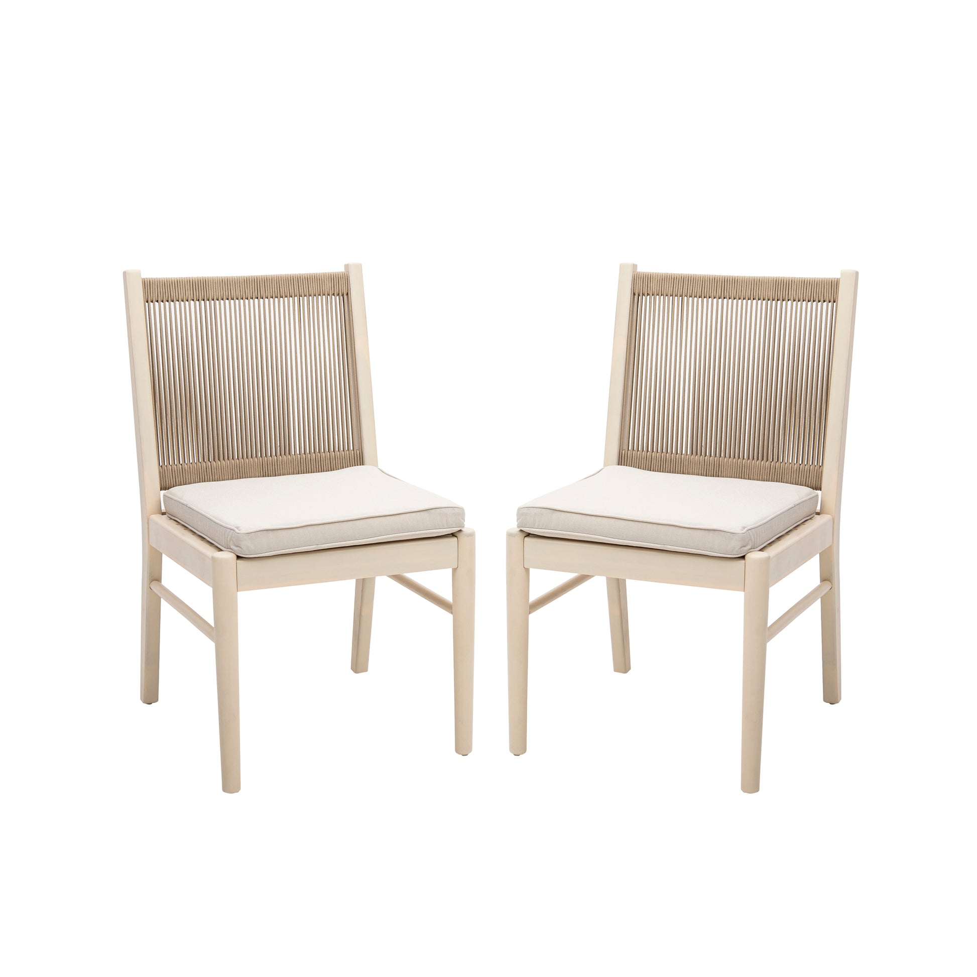 Two light wood dining chairs with woven rope backs and cream cushions