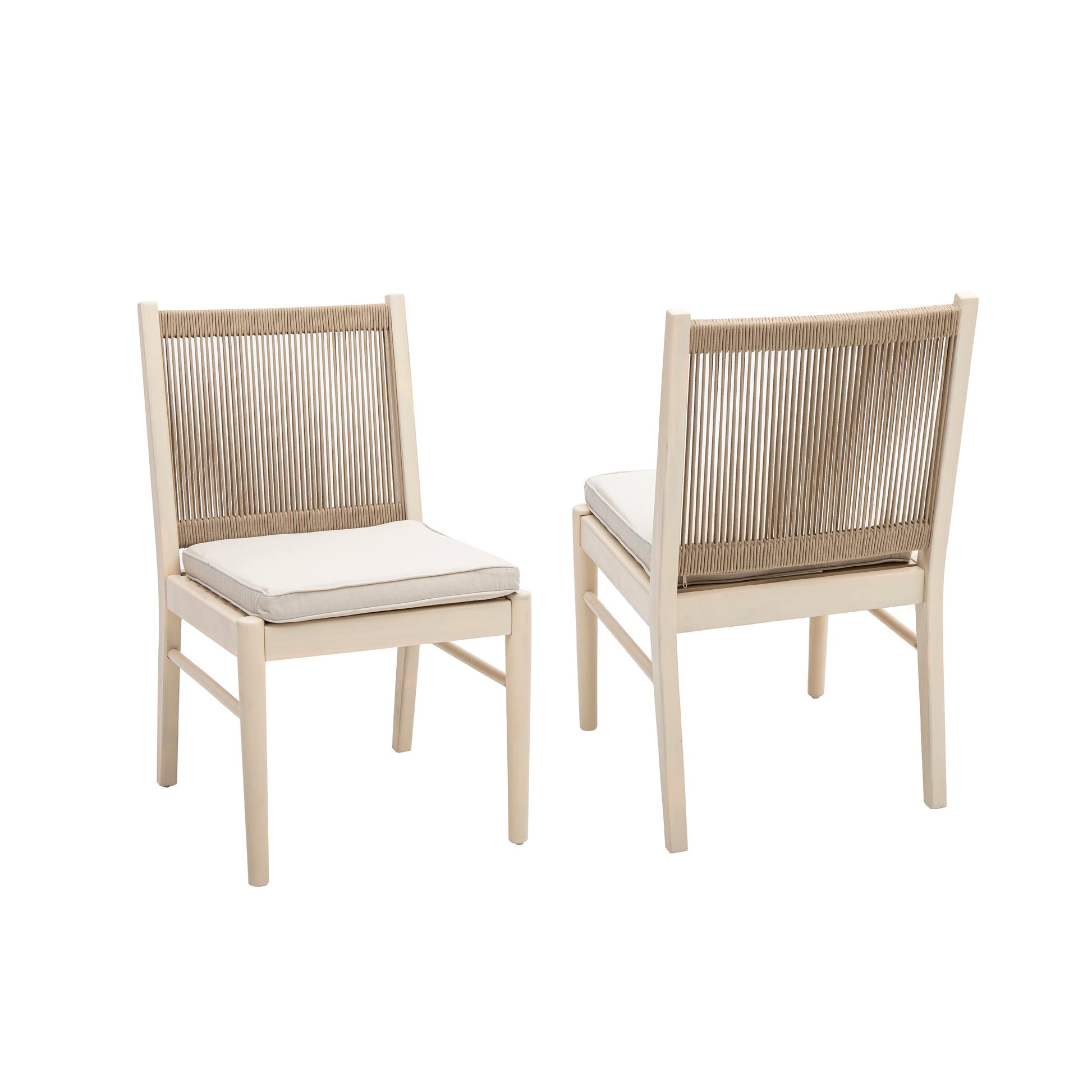 Light wood dining chair with woven back and cream cushion