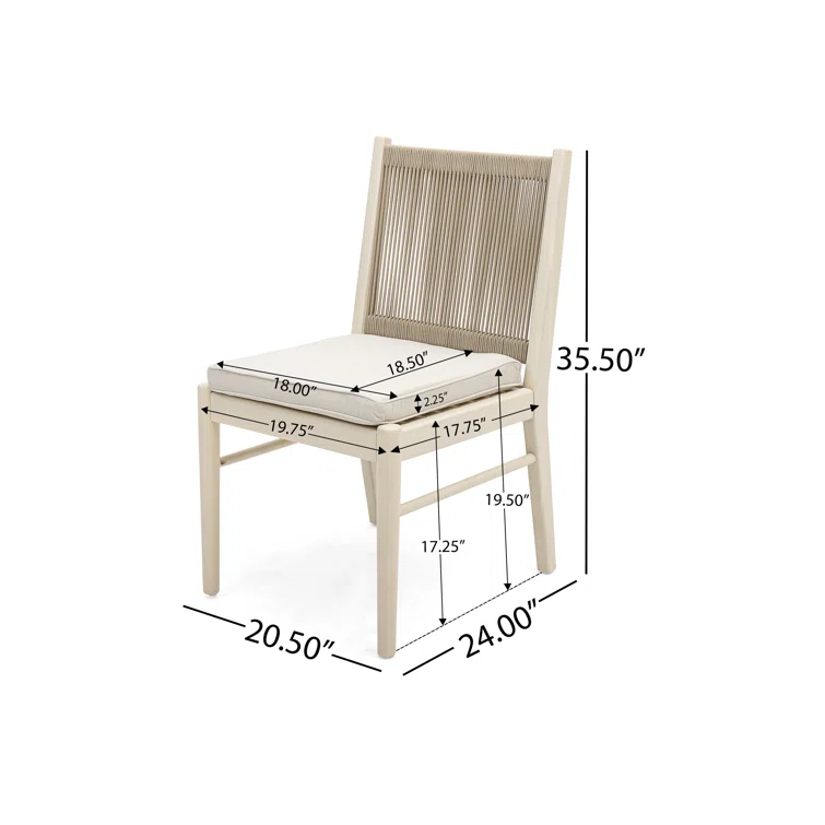 Natural wood dining chair with woven rope back and upholstered seat
