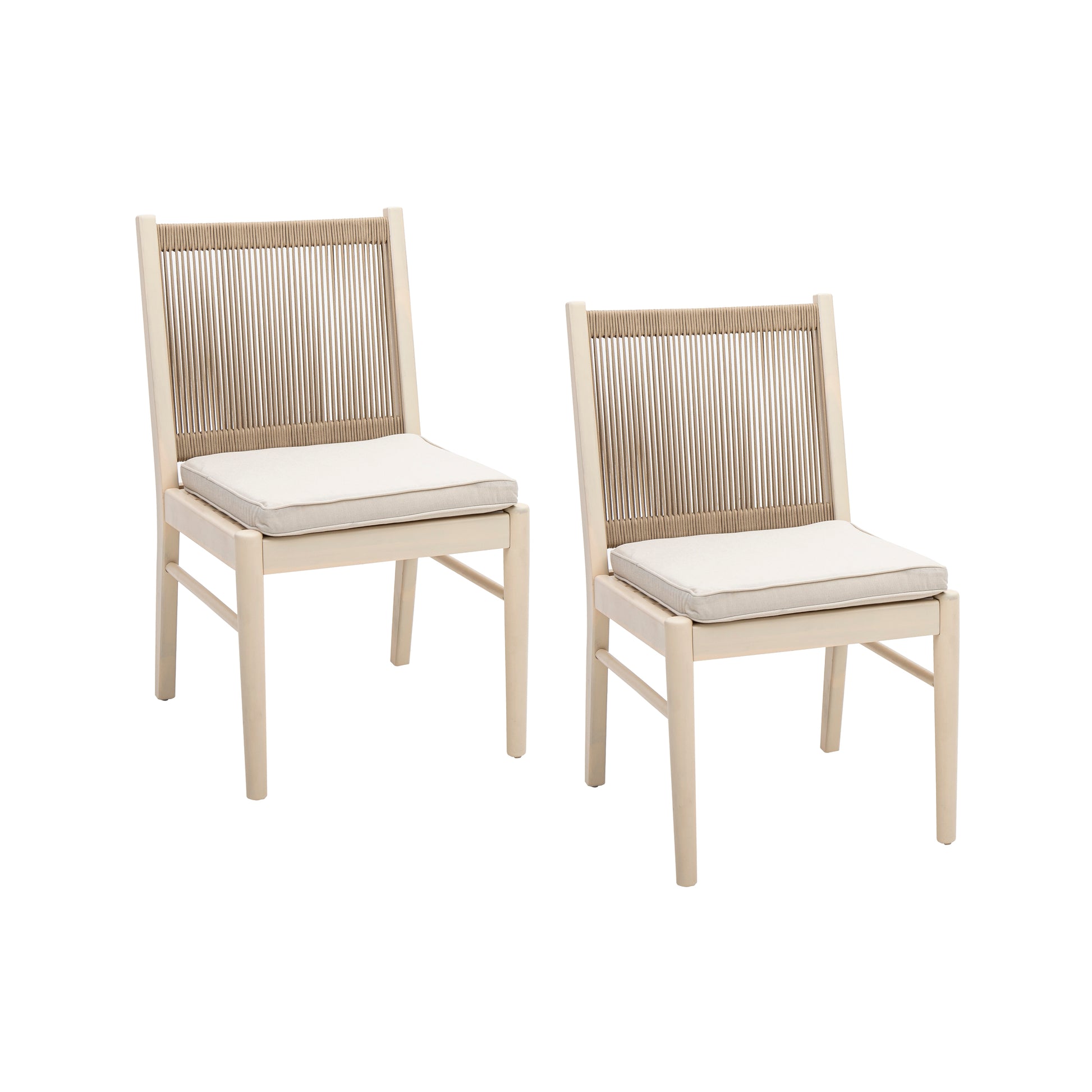 Two modern dining chairs with beige woven backs and cream cushions