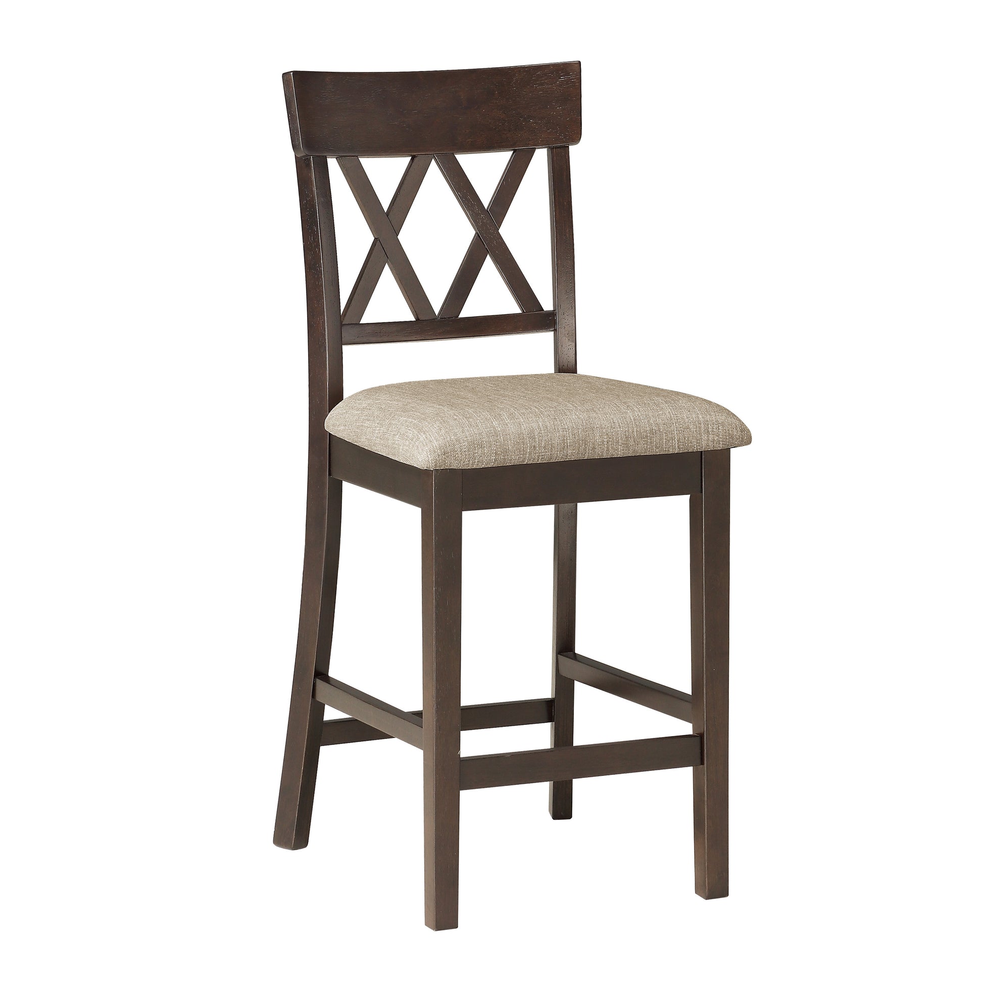 Dark brown wooden counter stool with upholstered beige seat and crisscross back detail