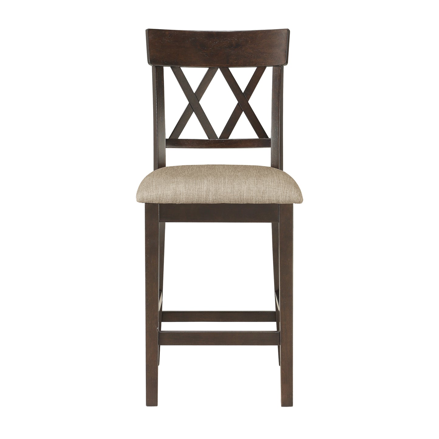 Dark brown wooden bar stool with upholstered seat and crossback design