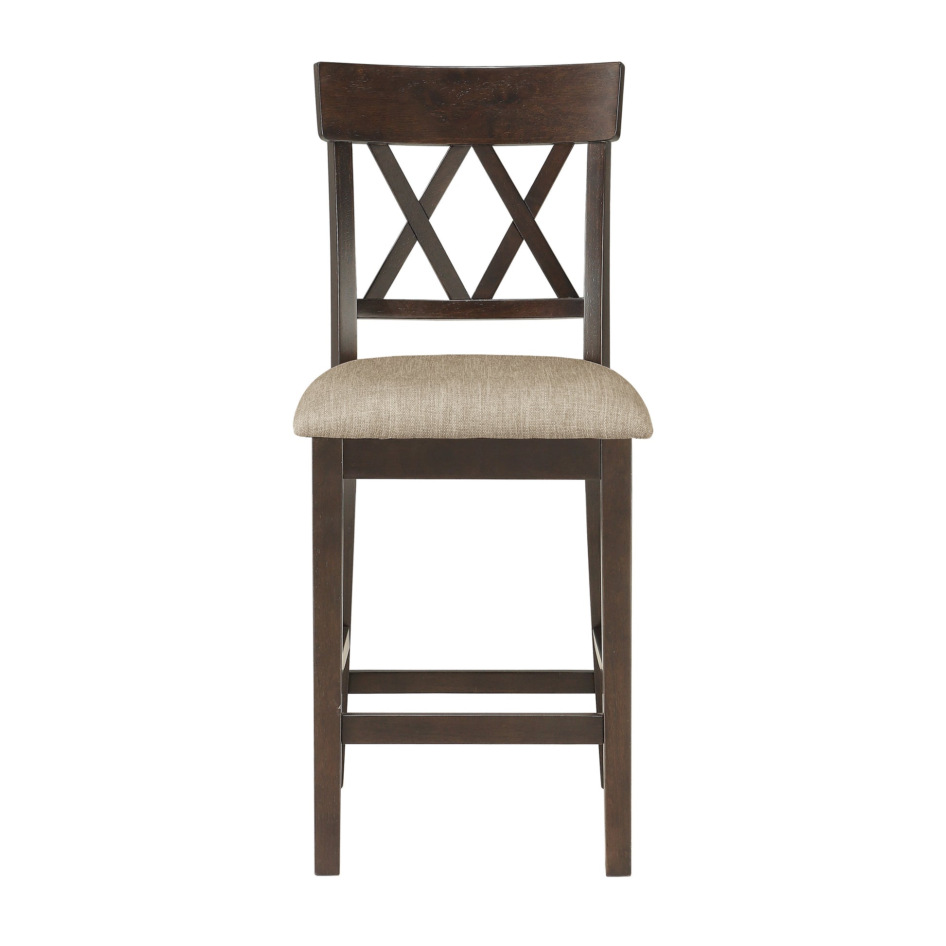 Dark brown wooden bar stool with upholstered seat and crossback design
