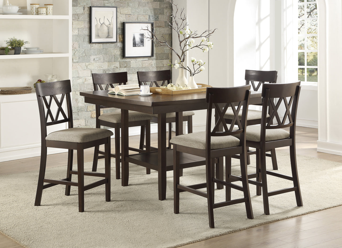 Dark wood counter height table with six upholstered stools