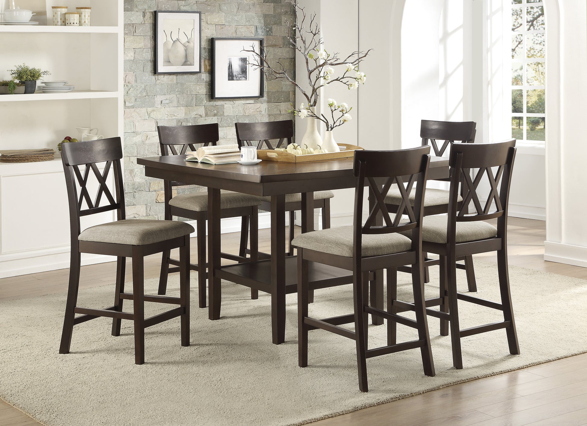 Dark wood counter height table with six upholstered stools