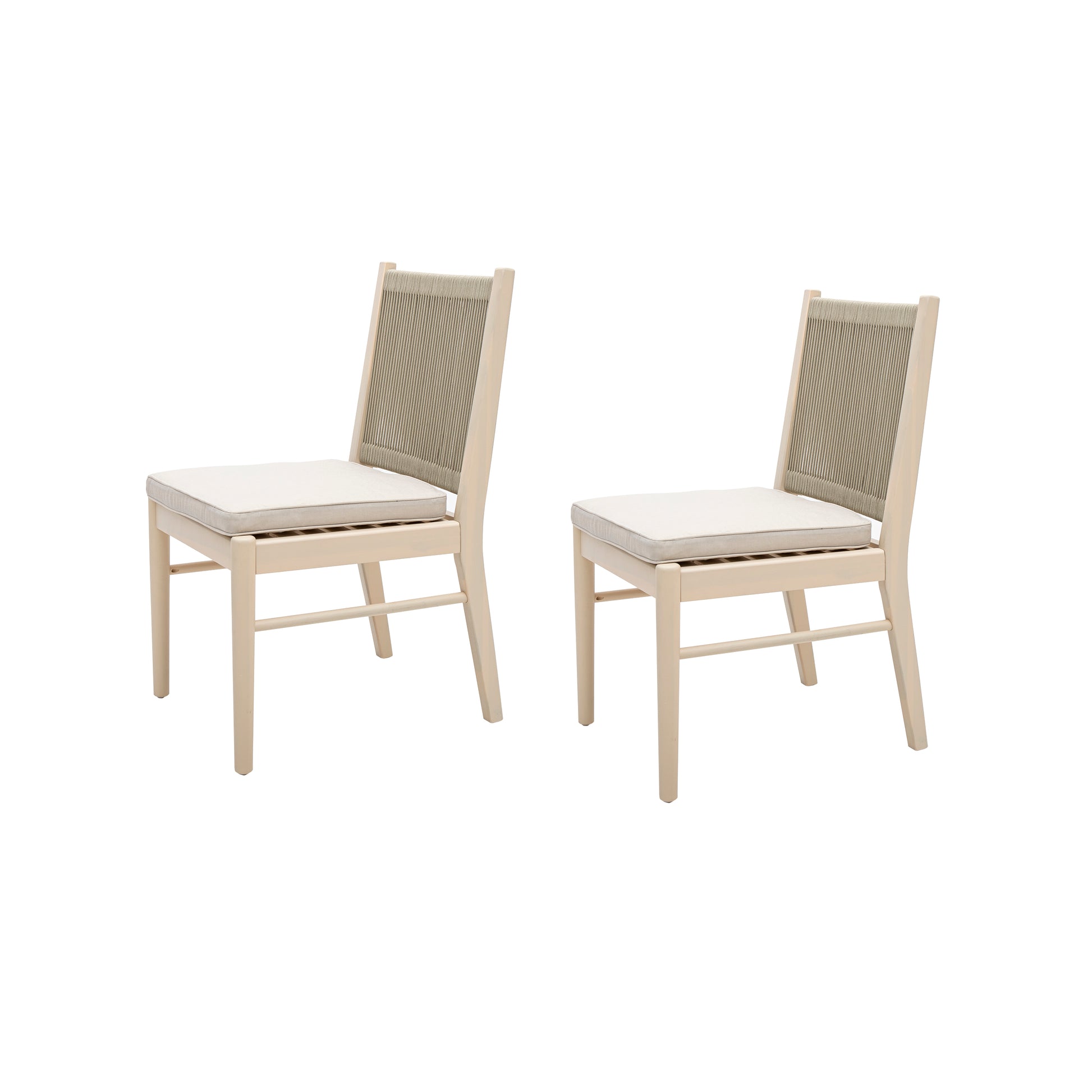 Two natural wood dining chairs with woven backs and cream cushions