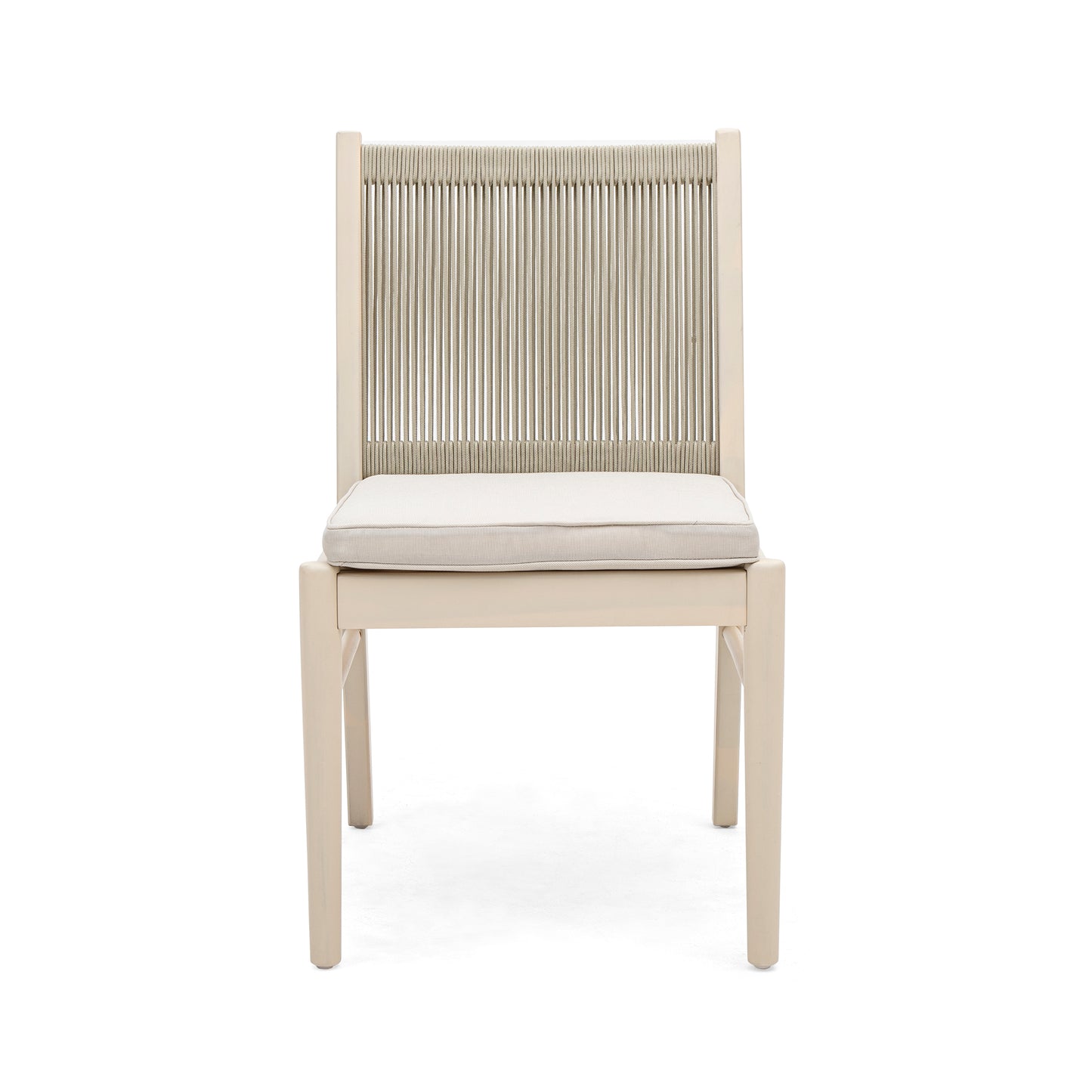 Beige woven cord back dining chair with comfortable white cushion seat