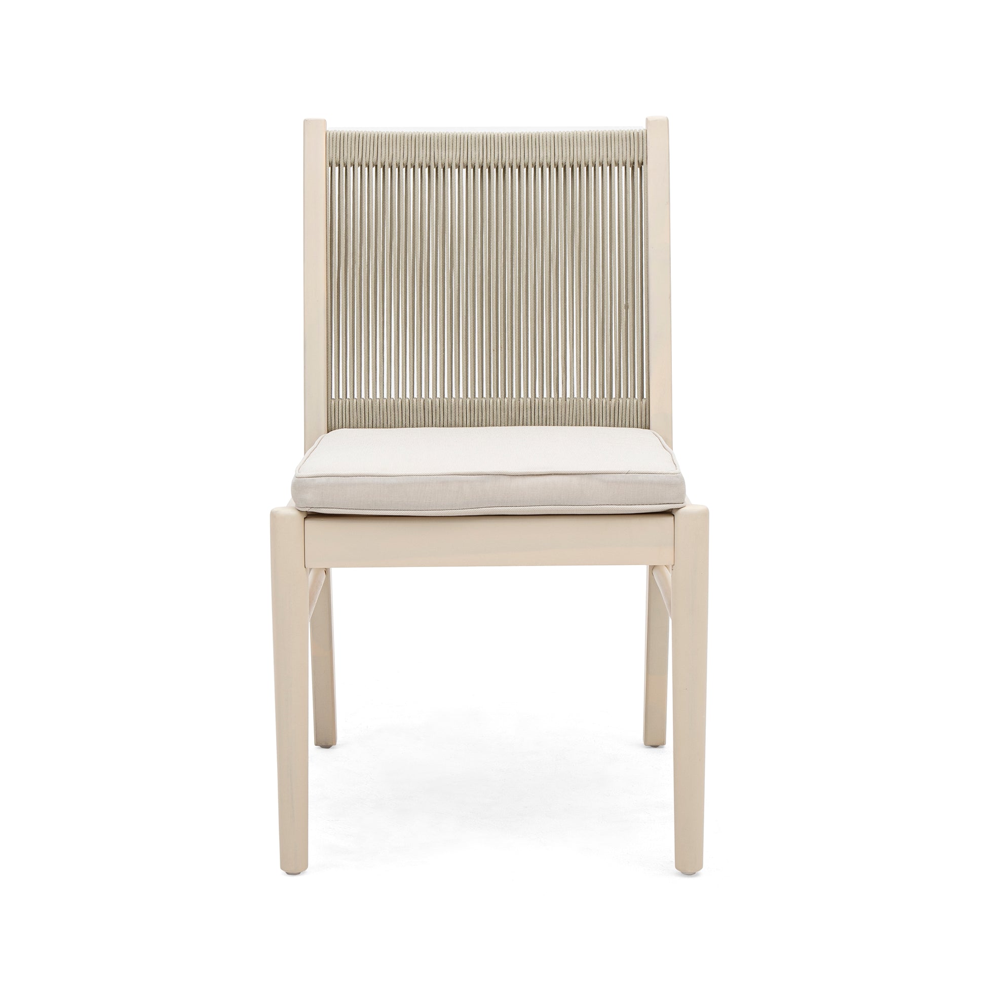 Beige woven cord back dining chair with comfortable white cushion seat