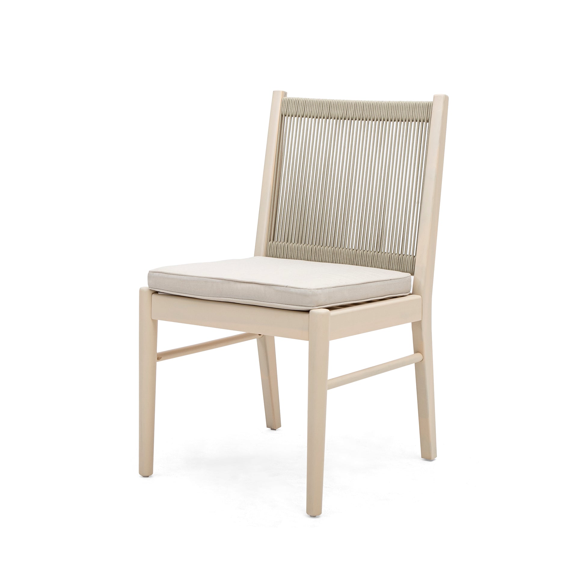 Light beige wooden dining chair with natural rope woven back and cream cushion