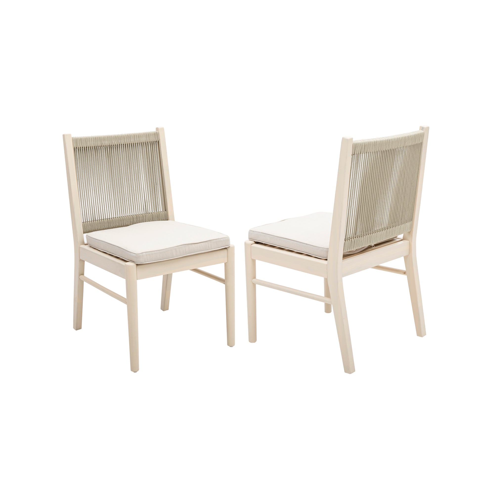 Two modern accent chairs with light wood frames and woven rope backs and beige cushions