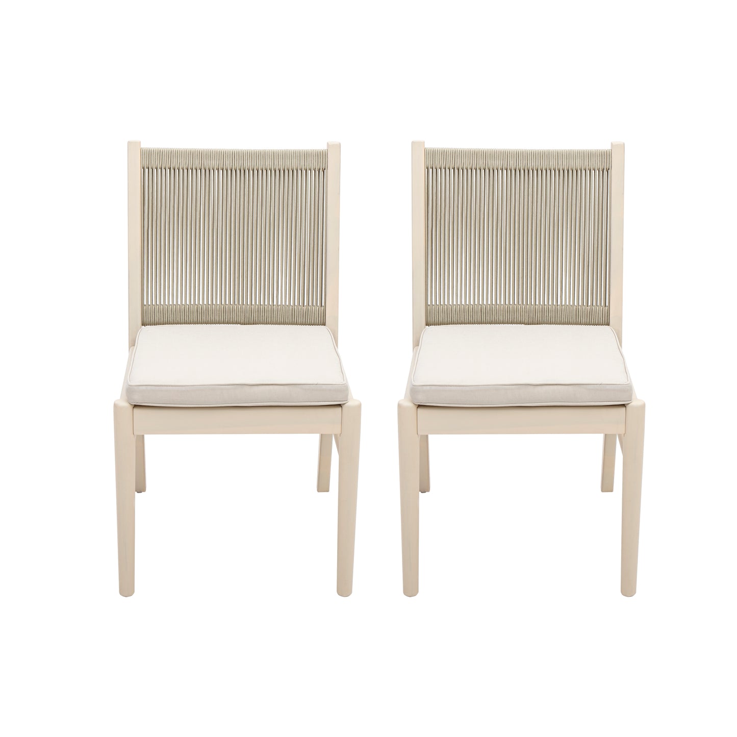 Pair of cream rope back chairs with white seat cushions modern design for patio use