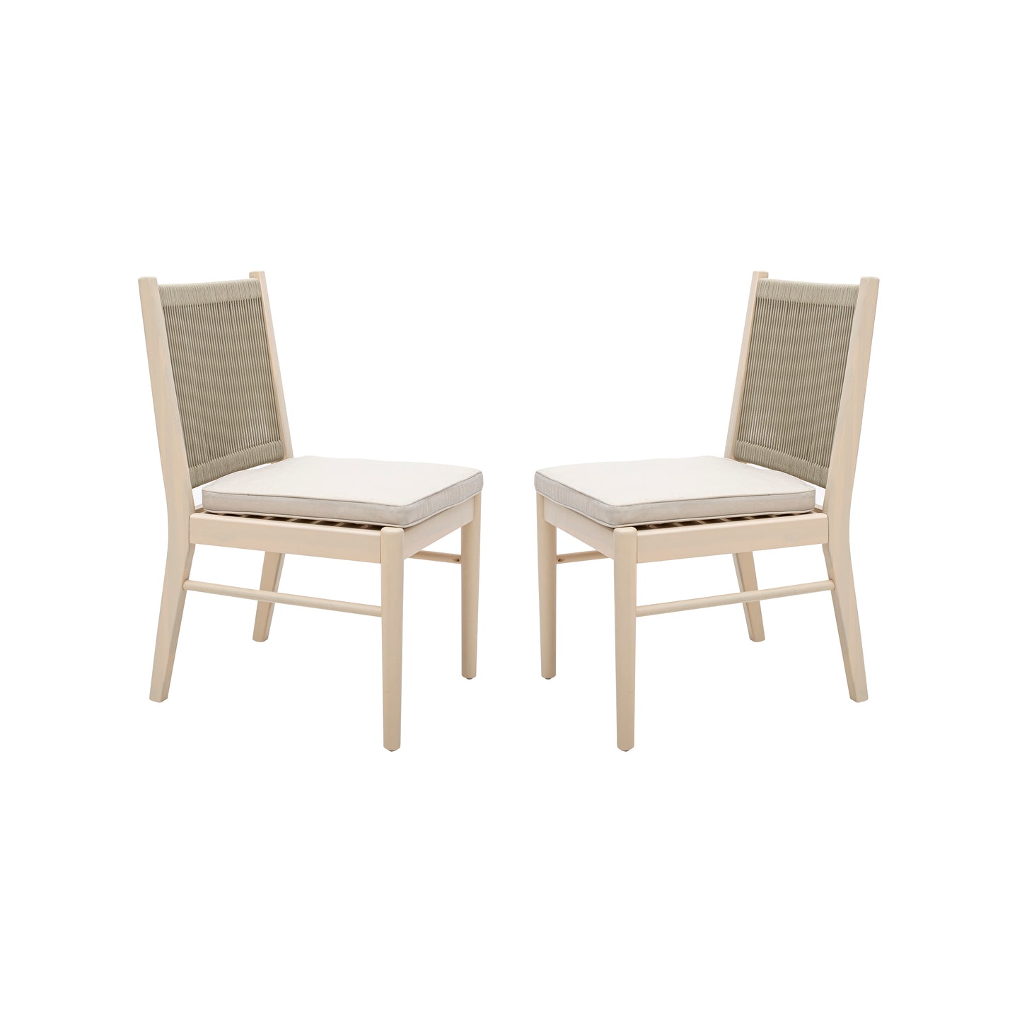 Two cream wood dining chairs with light gray woven backrests and cushions