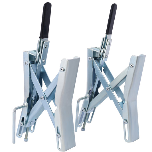 Two silver metal drum clamps with black handles ideal for safely securing drums