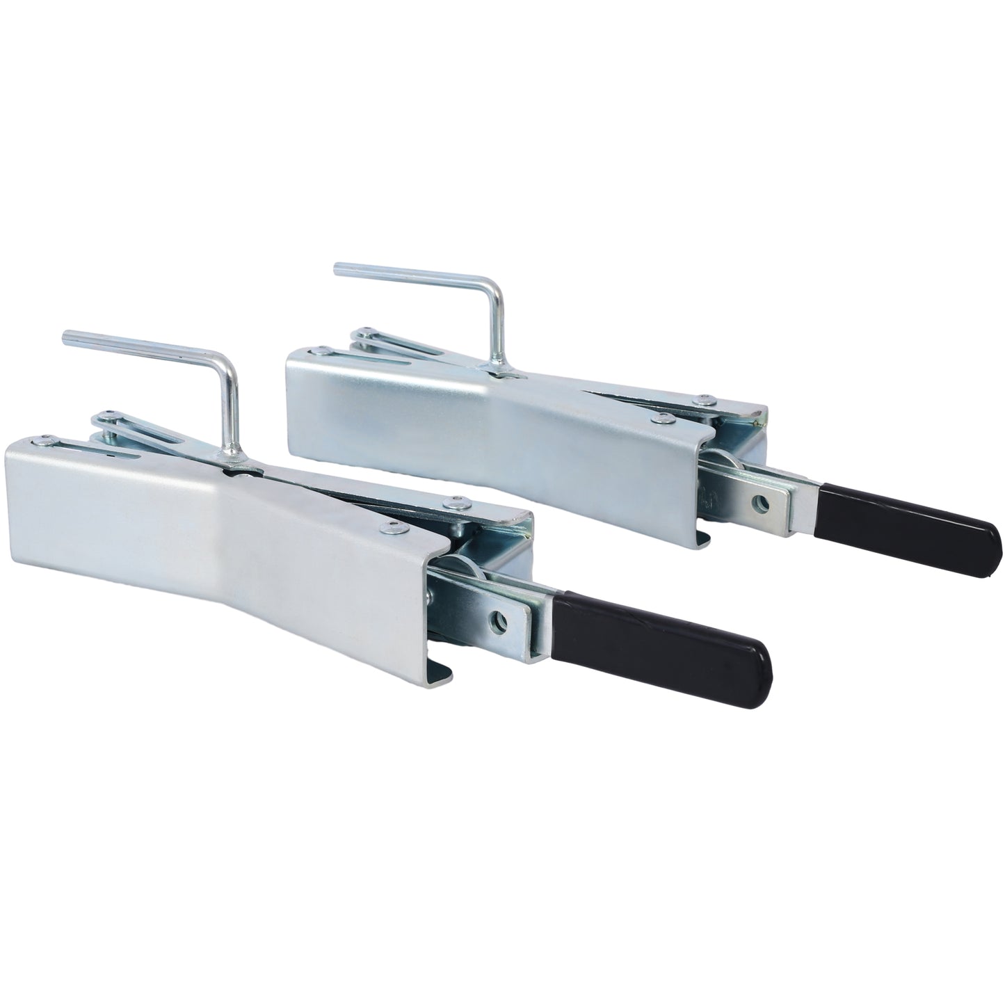 Two galvanized steel trailer coupler locks with black handles on a white background