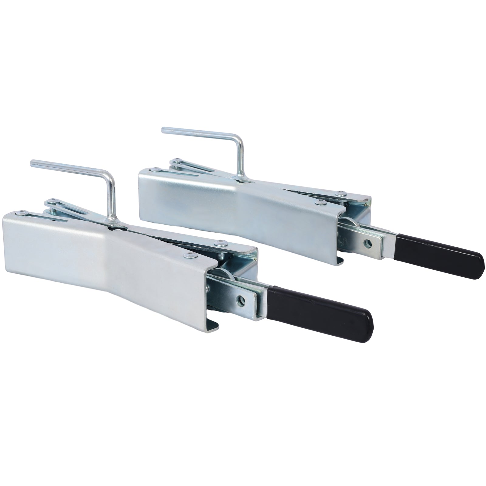 Two galvanized steel trailer coupler locks with black handles on a white background