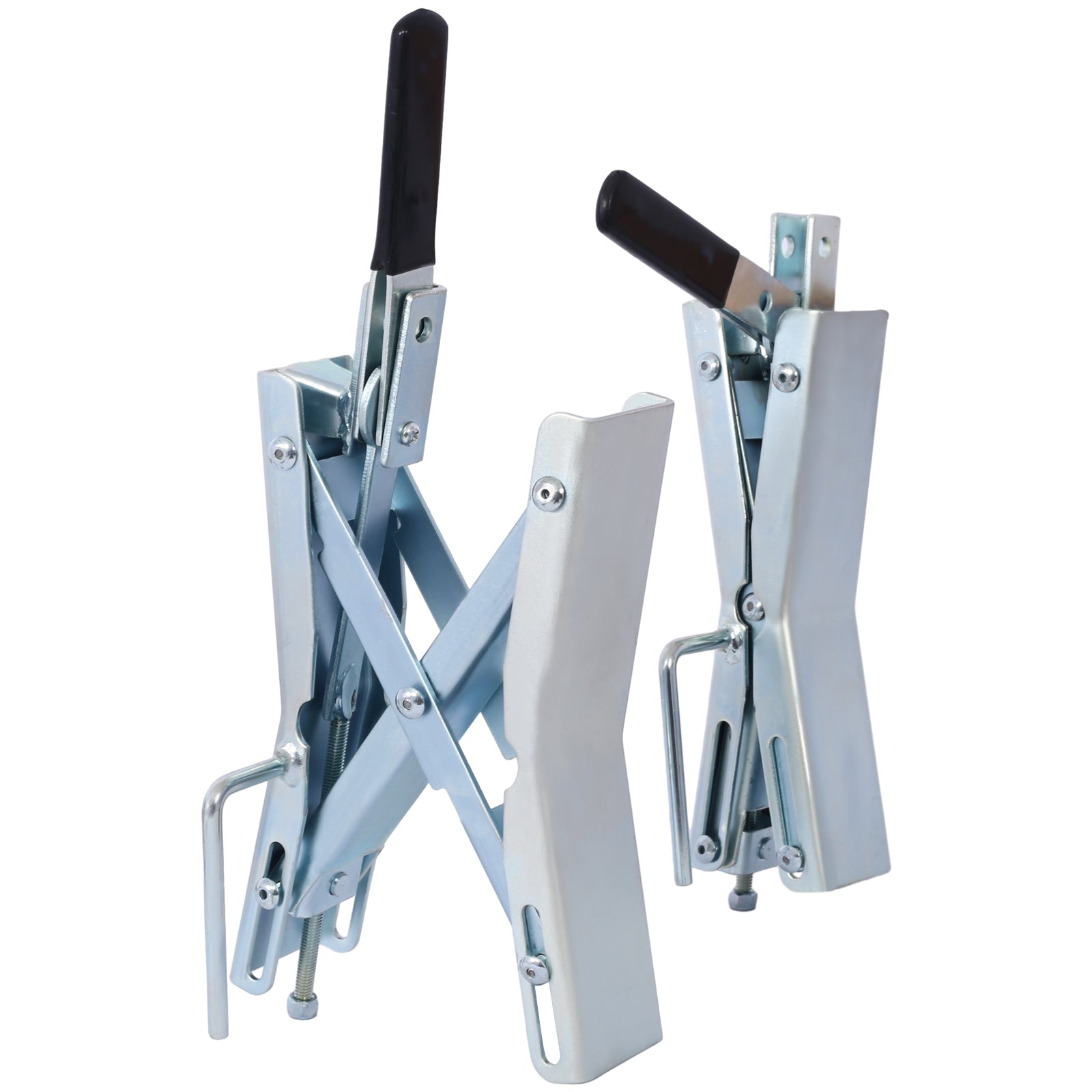 Silver metal scissor jack with black handle automotive repair tool
