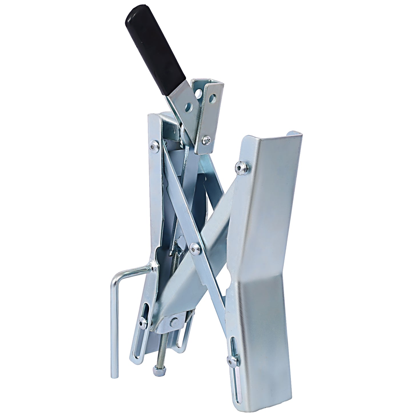 Heavyduty zincplated steel tire changer with a black rubber grip handle for easy use