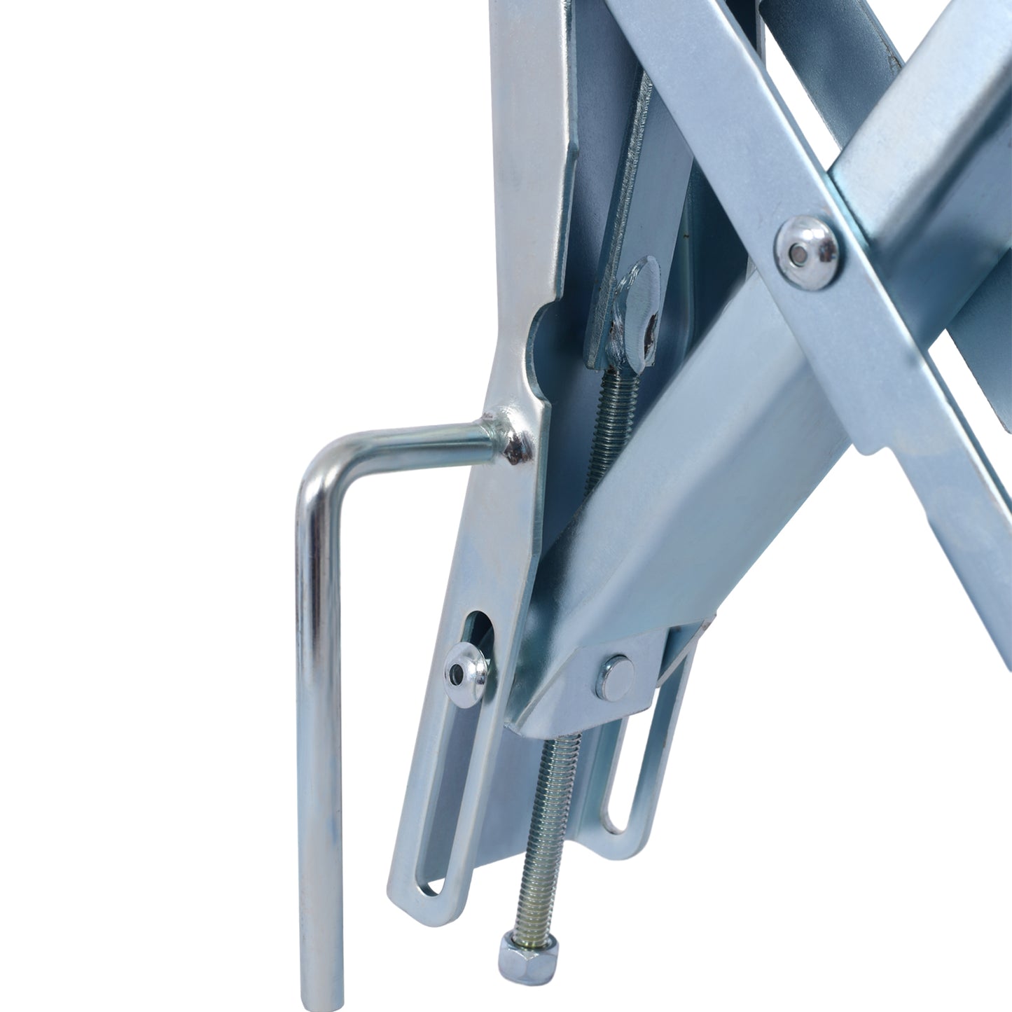 Closeup of a silver metal scissor jack mechanism with a threaded rod and handle