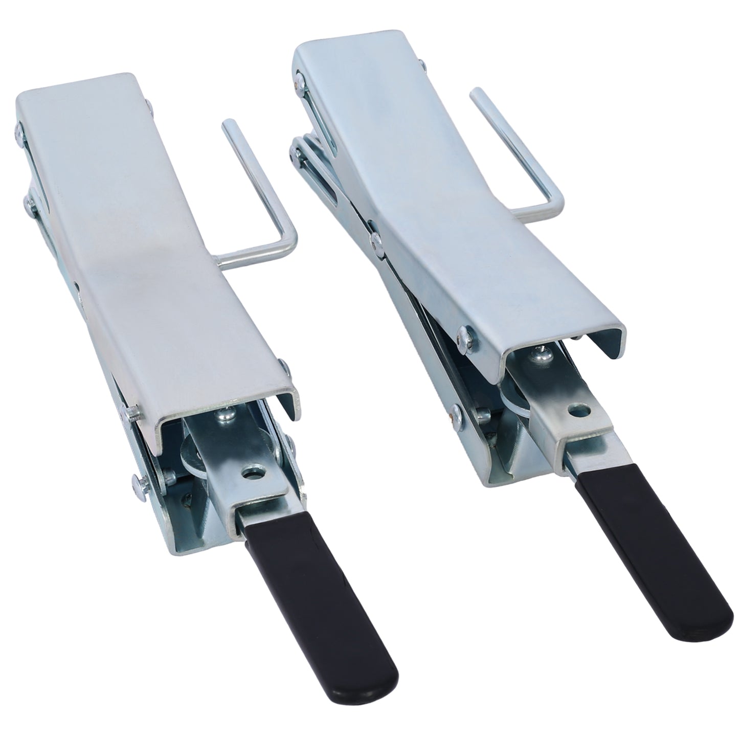 Pair of polished metal trailer coupler locks with black handles for security