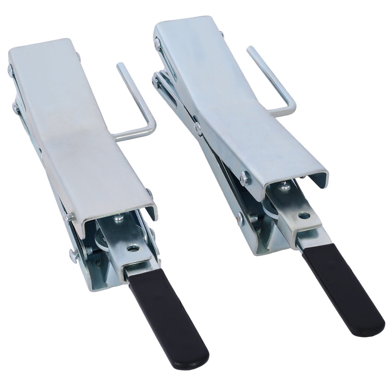 Pair of polished metal trailer coupler locks with black handles for security