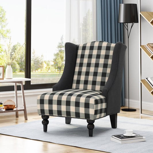 Classic wingback accent chair with black and cream buffalo check upholstery and dark wooden legs