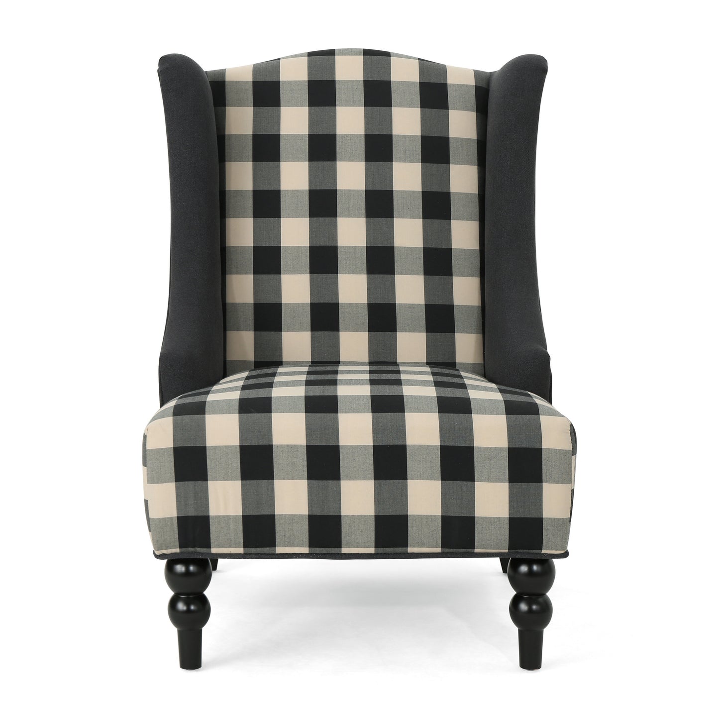 Wingback accent chair with black and cream buffalo check upholstery and dark wooden legs