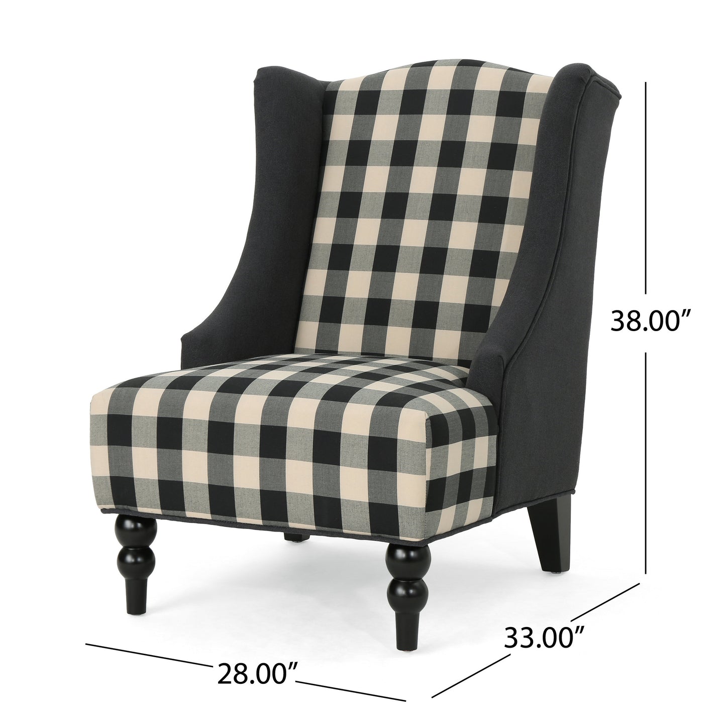 Wingback accent chair with classic black and cream buffalo check upholstery and dark wood legs