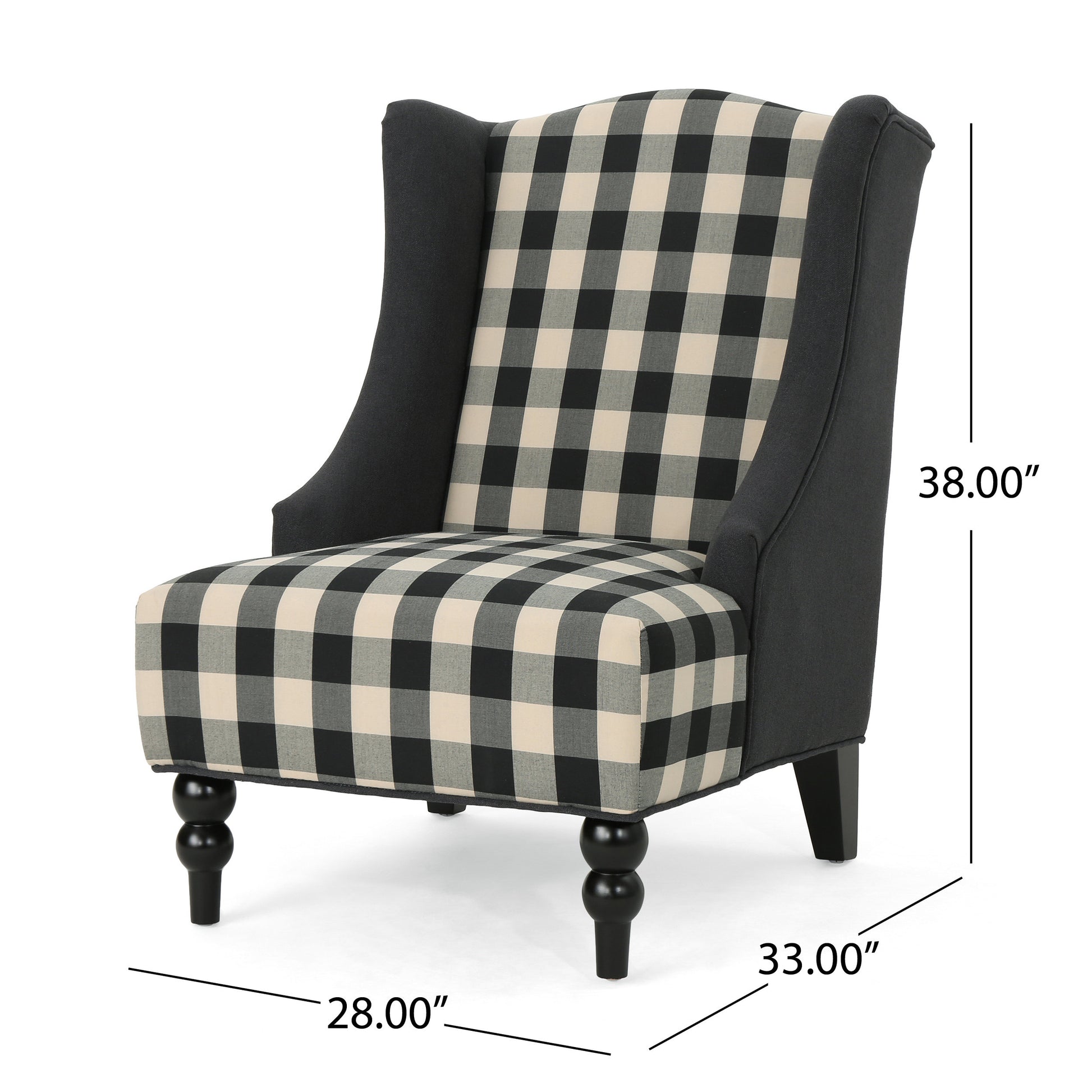Wingback accent chair with classic black and cream buffalo check upholstery and dark wood legs