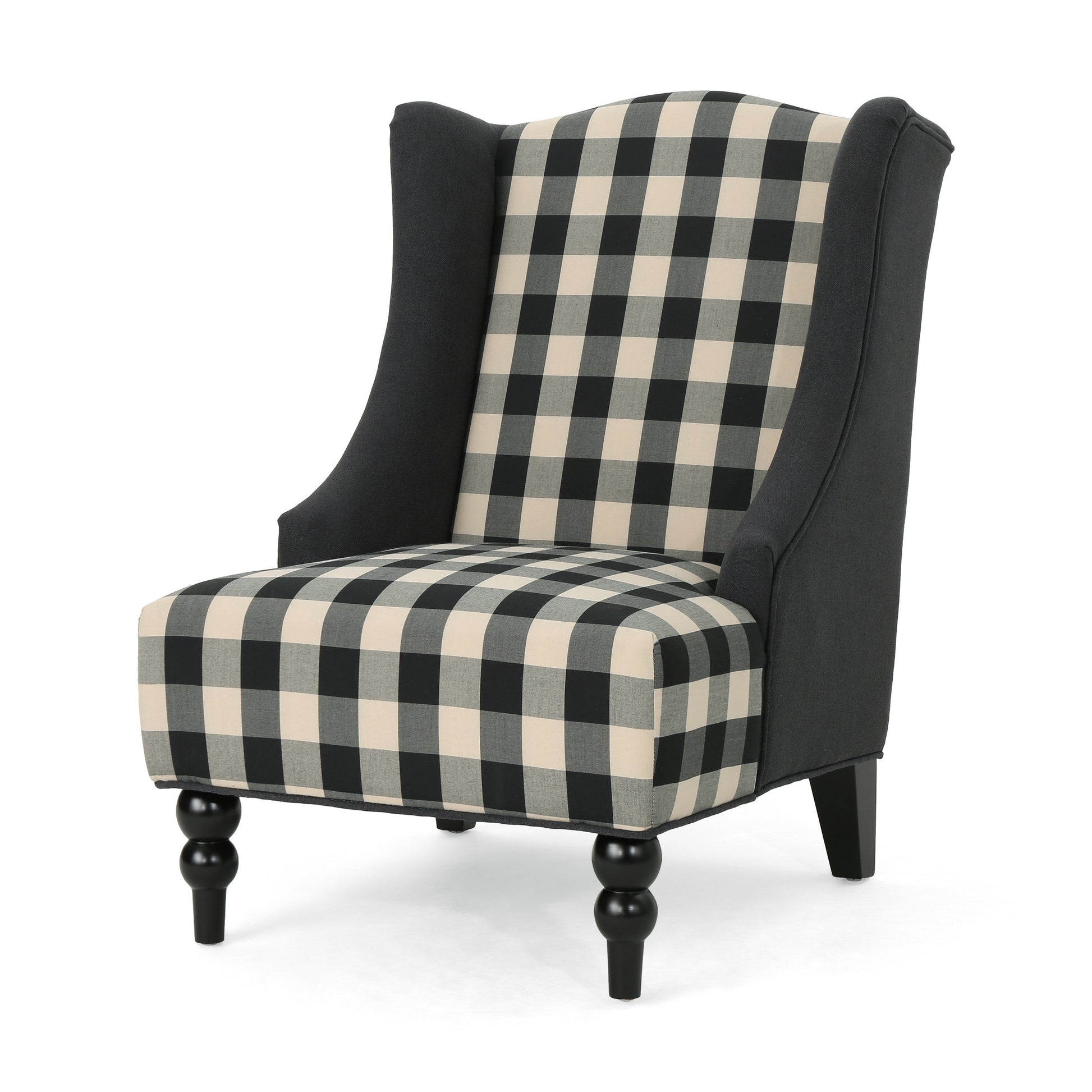 Classic wingback accent chair with black and beige buffalo check upholstery