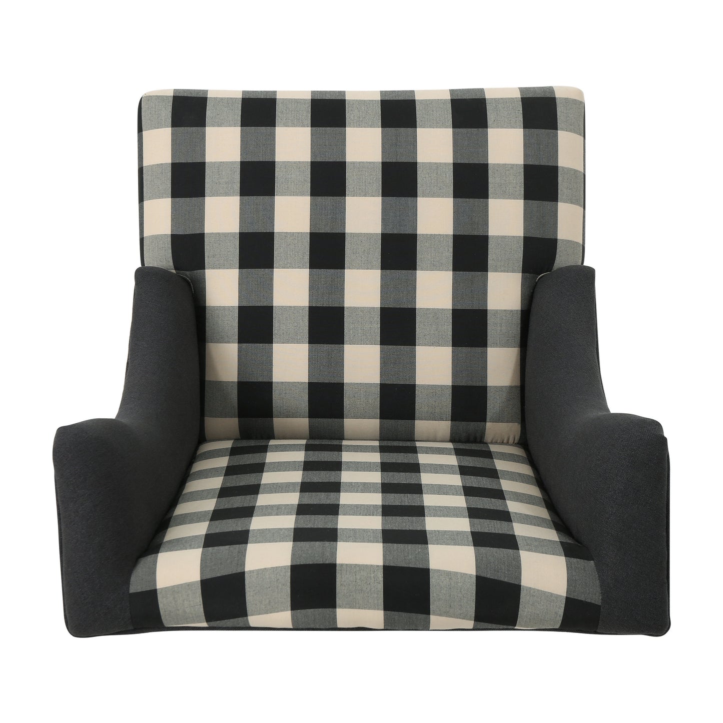 Black and cream buffalo check accent chair with charcoal fabric arms