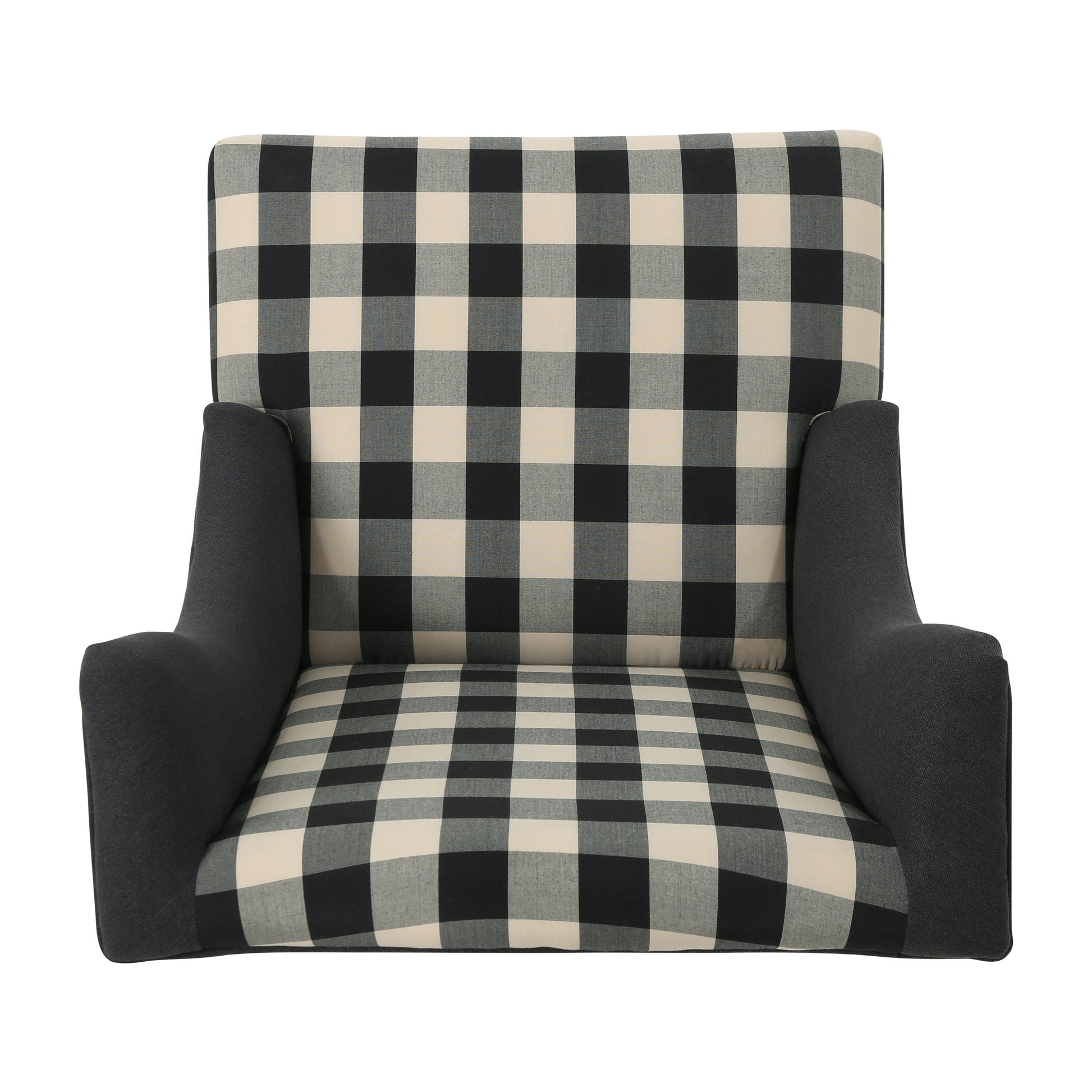 Black and cream buffalo check accent chair with charcoal fabric arms