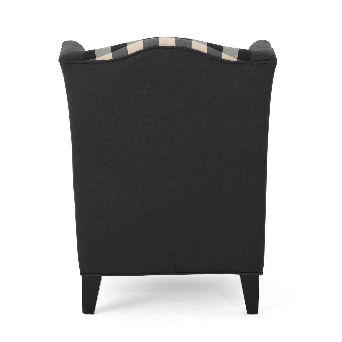 Dark grey upholstered wingback accent chair with black and white buffalo plaid top trim