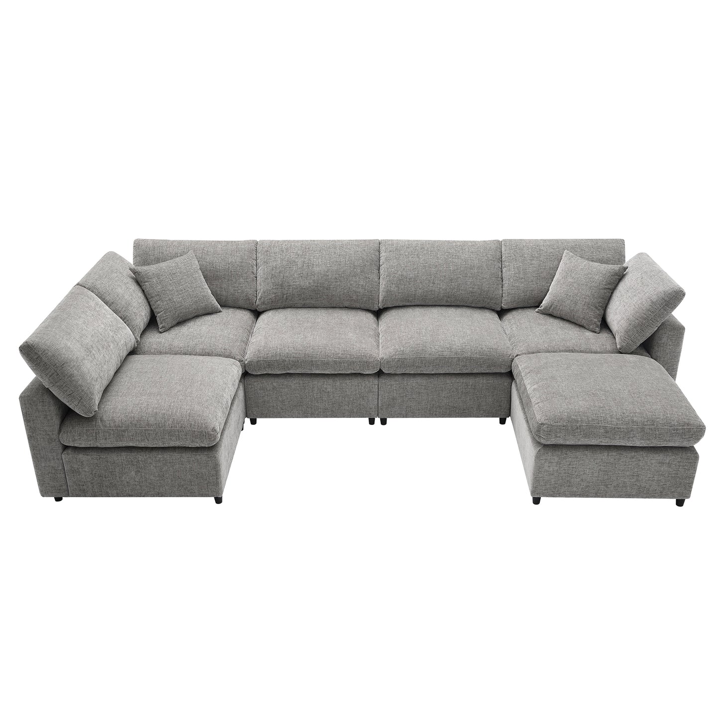 Gray sectional sofa with chaise lounge and ottoman textured fabric upholstery