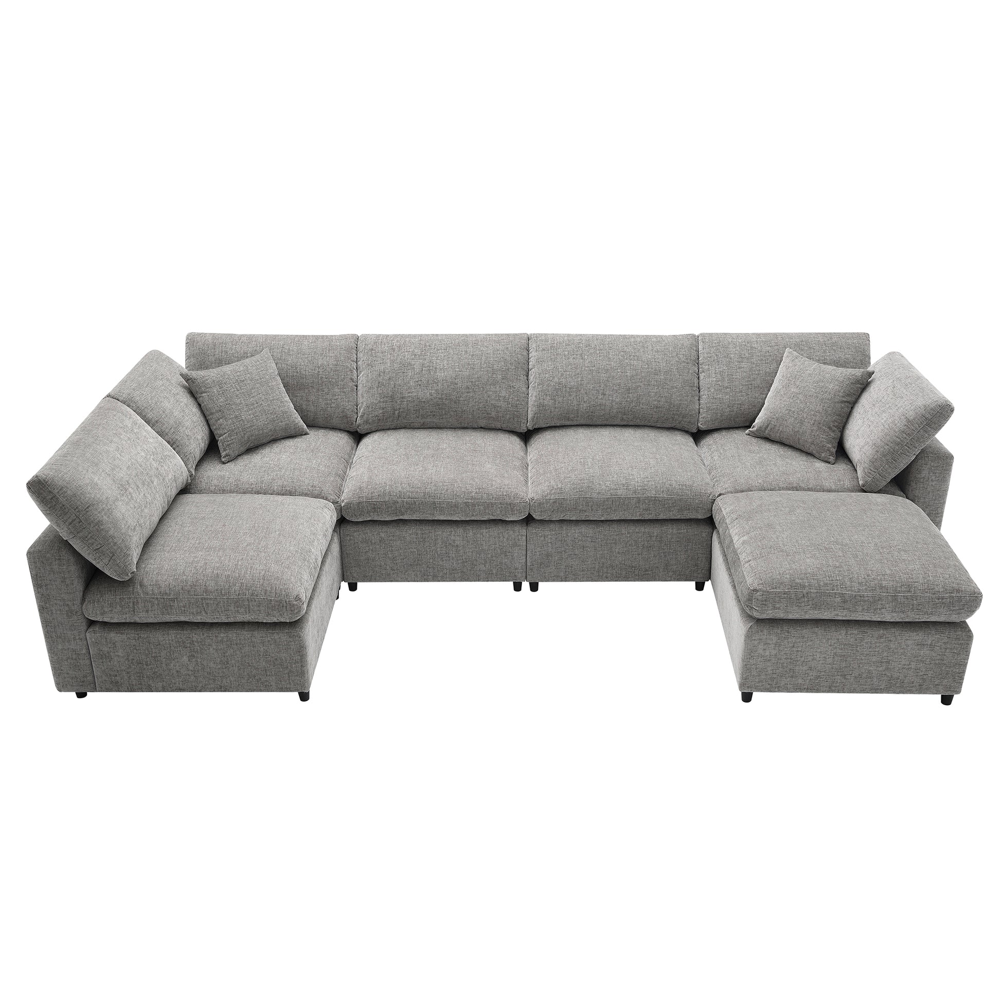 Gray sectional sofa with chaise lounge and ottoman textured fabric upholstery