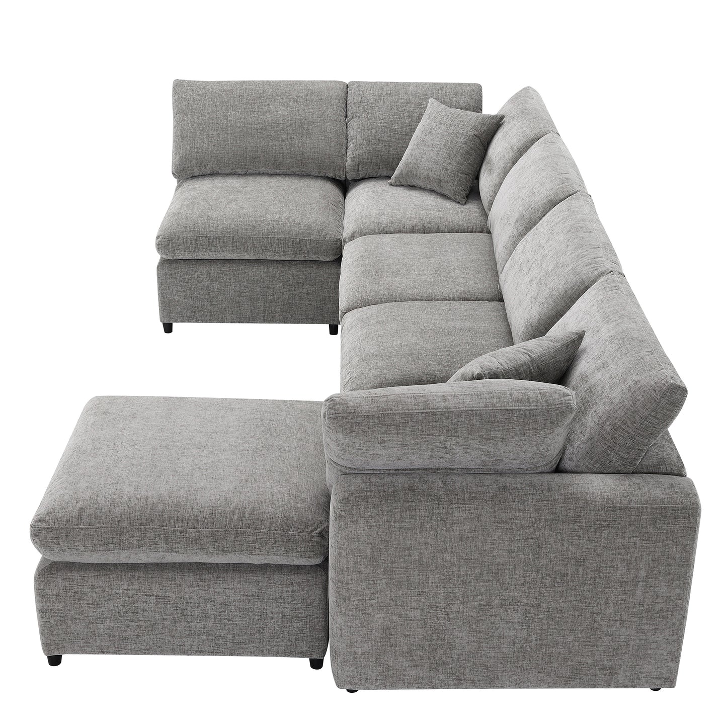 Spacious Lshaped sectional sofa in light grey textured fabric with multiple plush cushions