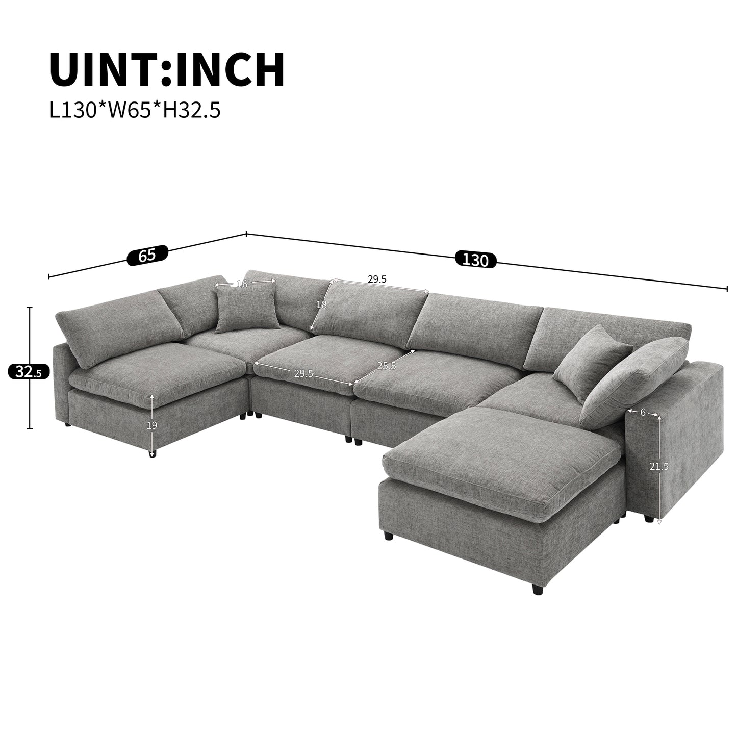 Gray linen sectional sofa with plush cushions and chaise  inches long