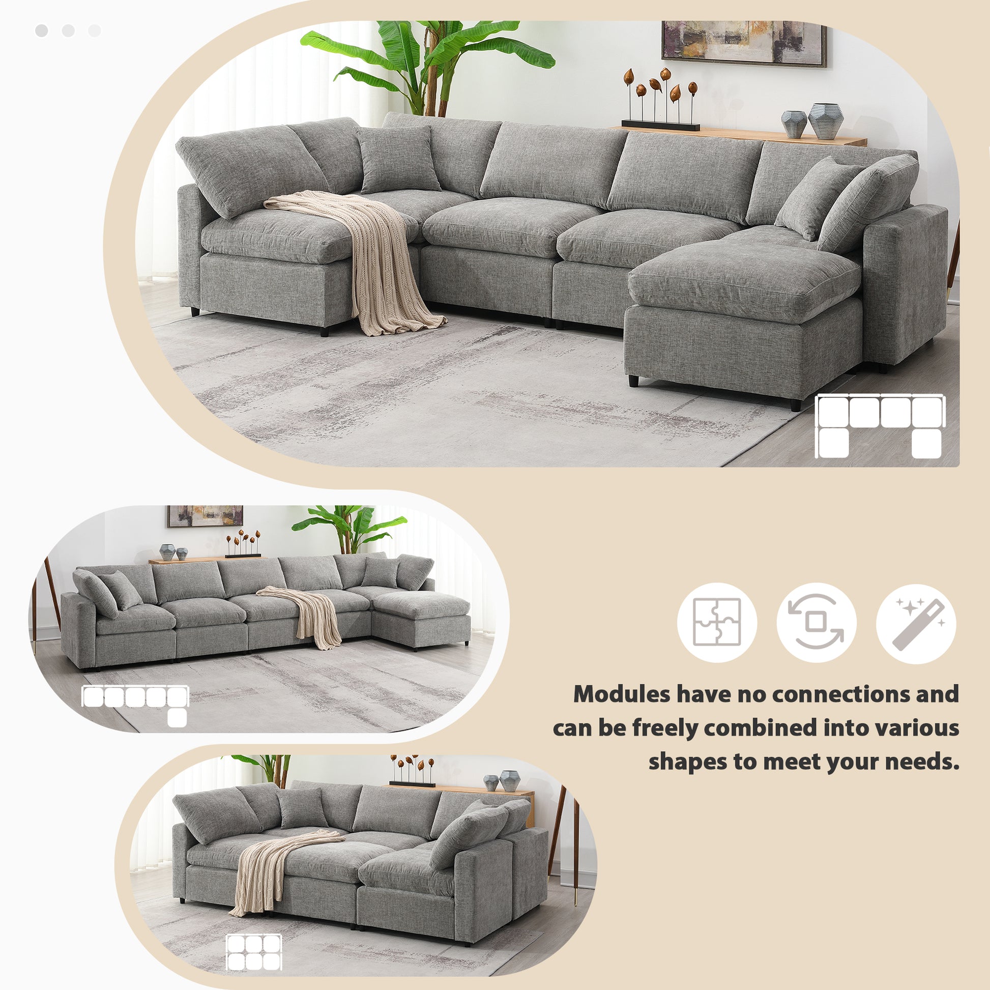 Plush grey fabric sectional sofa with chaise lounge perfect for modern living rooms