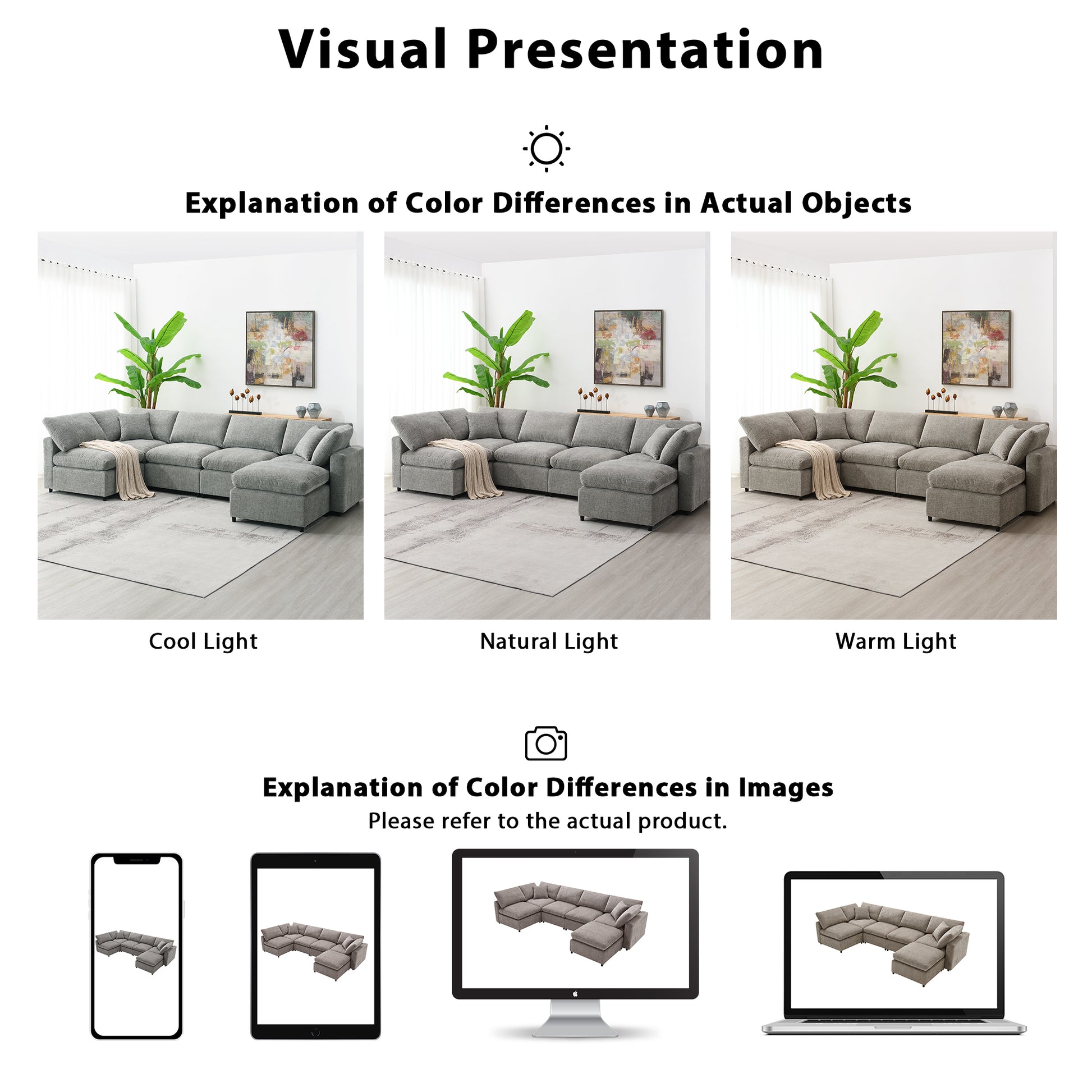 Ushaped sectional sofa in light gray fabric shown under cool light conditions for accurate color representation