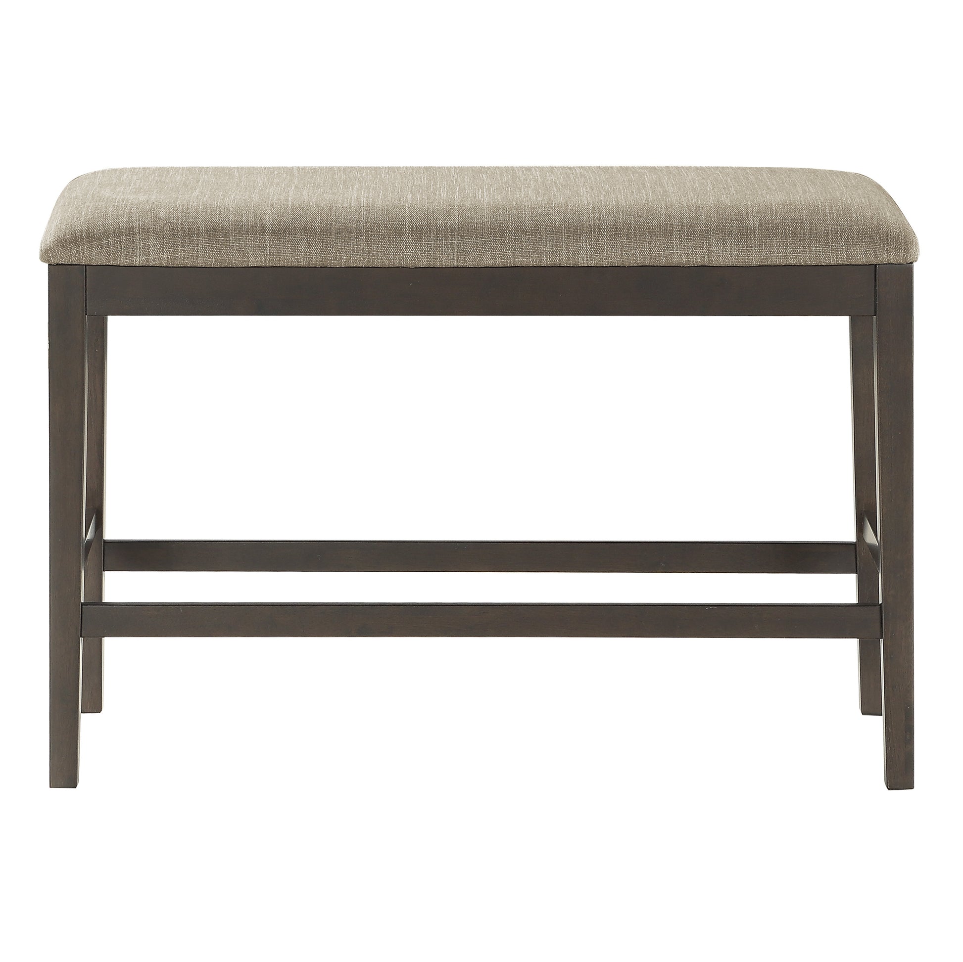 Upholstered grey linen counter stool with dark wood frame