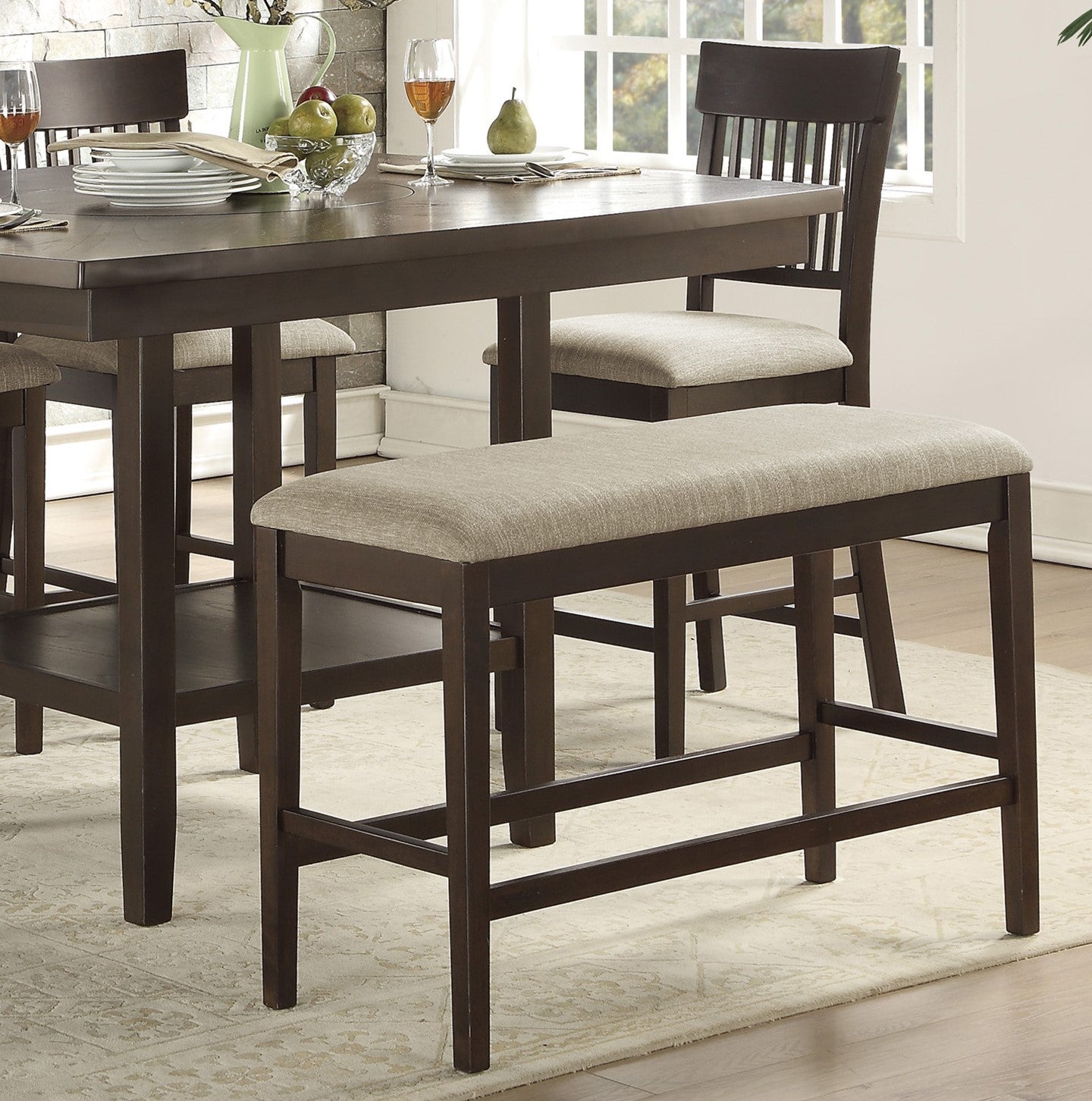 Dark espresso counter height stool with light beige upholstered seat