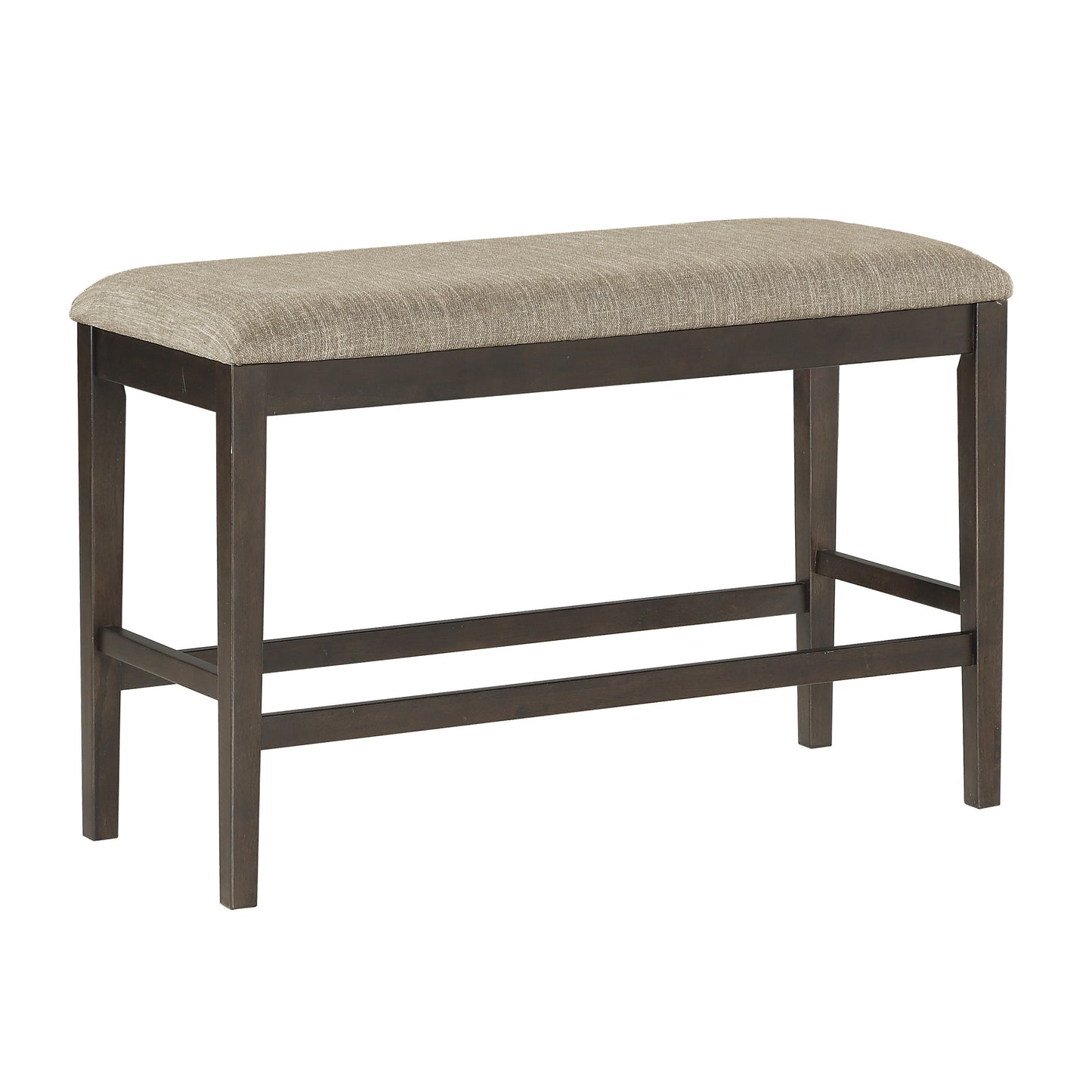 Modern upholstered bench with dark wood frame and neutral fabric seat