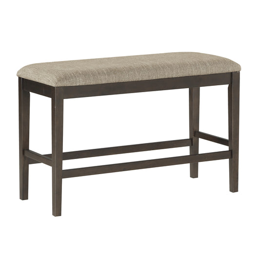Modern upholstered bench with dark wood frame and neutral fabric seat