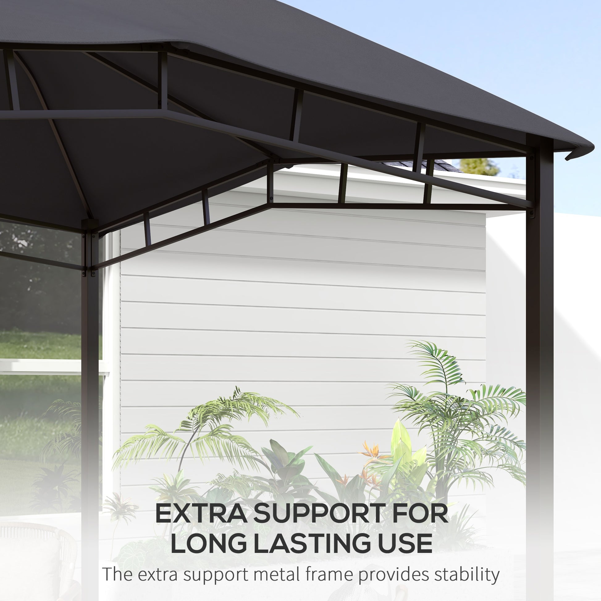 Dark grey fabric canopy supported by a black metal frame gazebobackyard