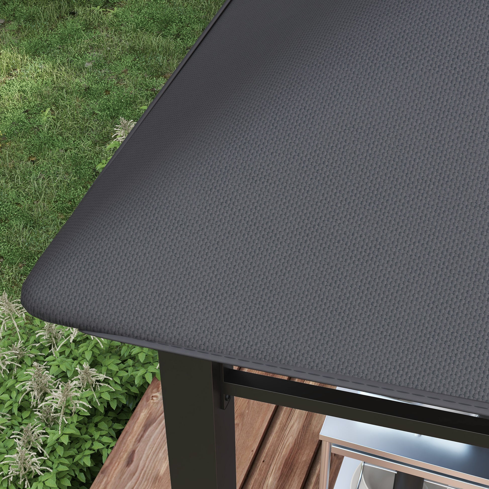 Dark grey textured outdoor gazebo canopy made of durable fabric providing shade