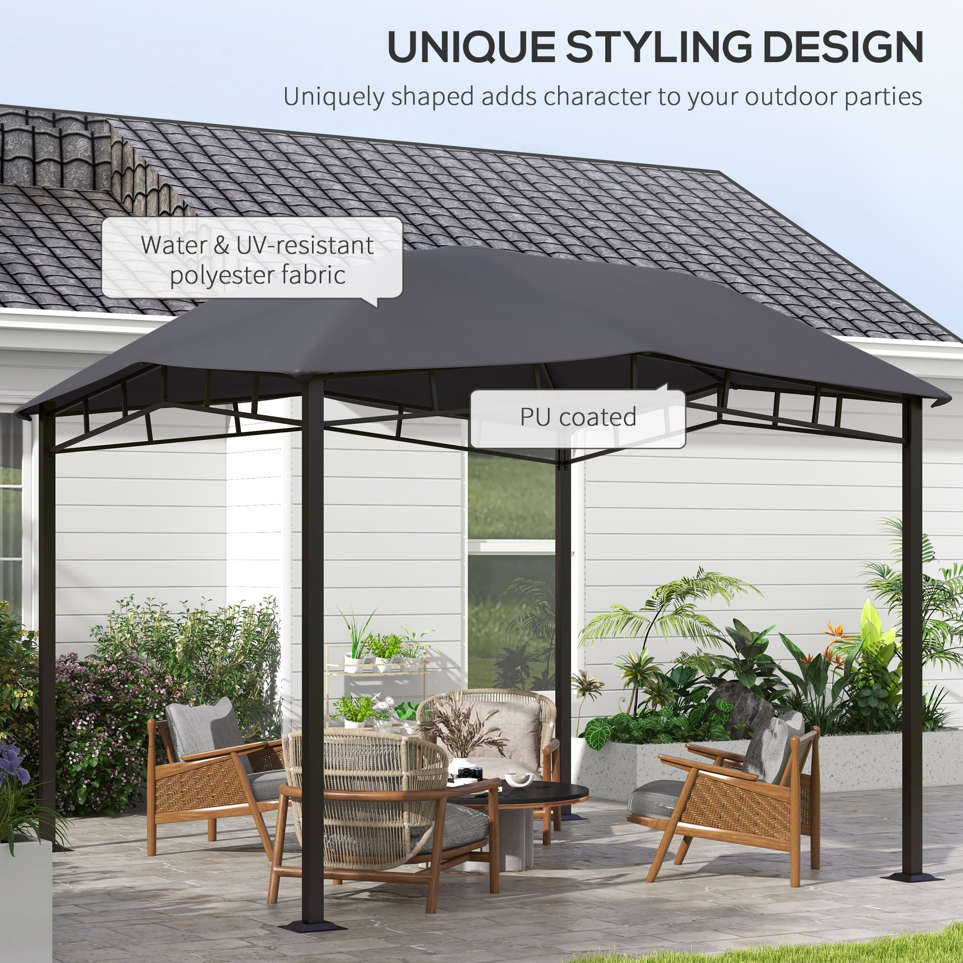Dark grey PUcoated polyester gazebo canopy with unique styling design for outdoor parties