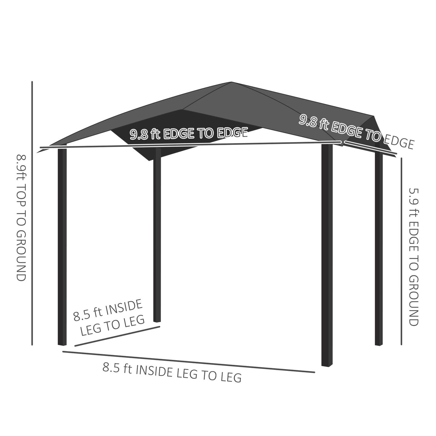 Diagram of a dark grey gazebo with dimensions ft top to ground ft edge to edge ft edge to ground
