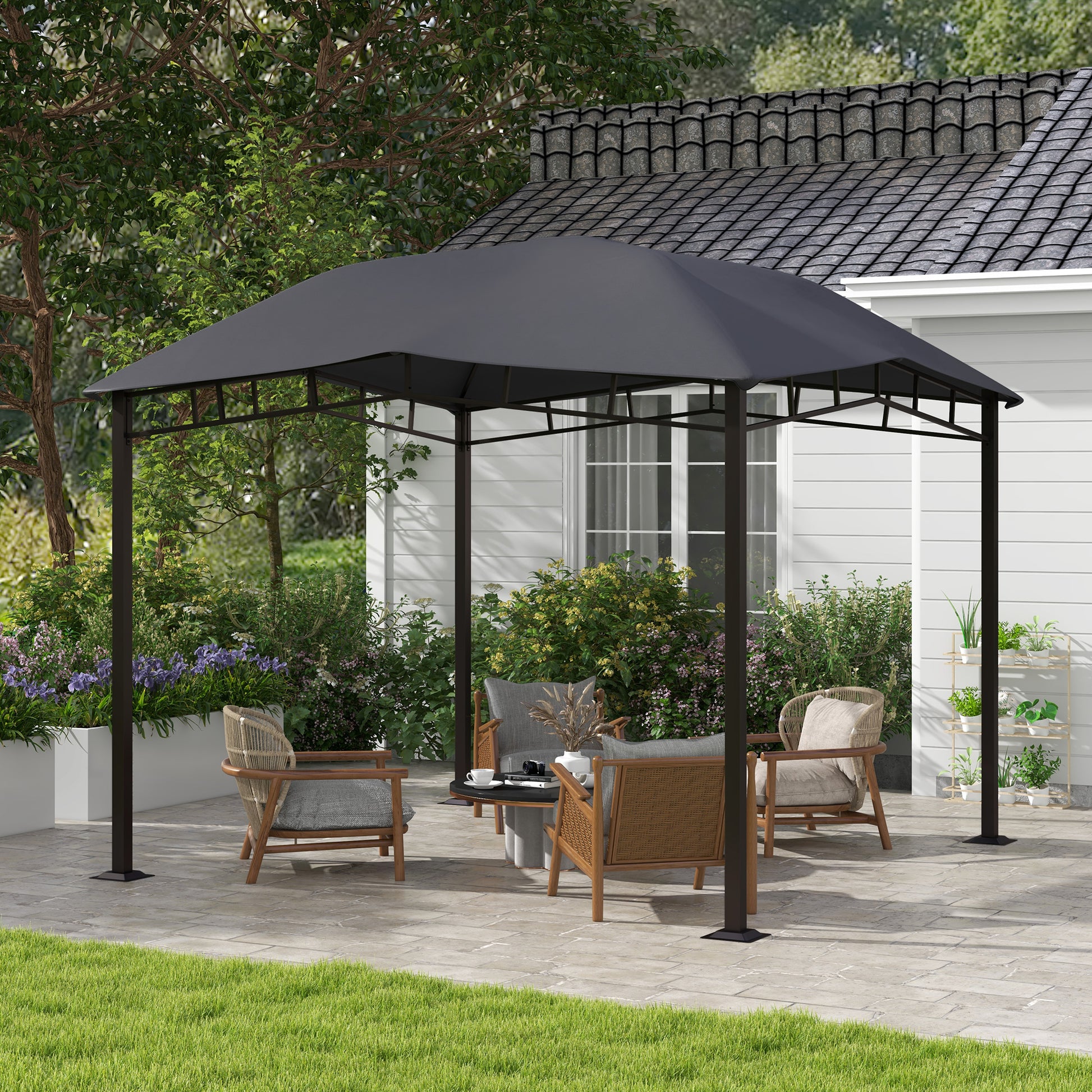 Dark grey rectangular patio gazebo with black metal frame offering ample outdoor shade